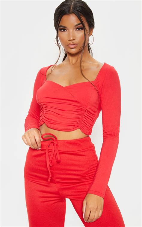 red jersey ruched front long sleeve crop top prettylittlething usa