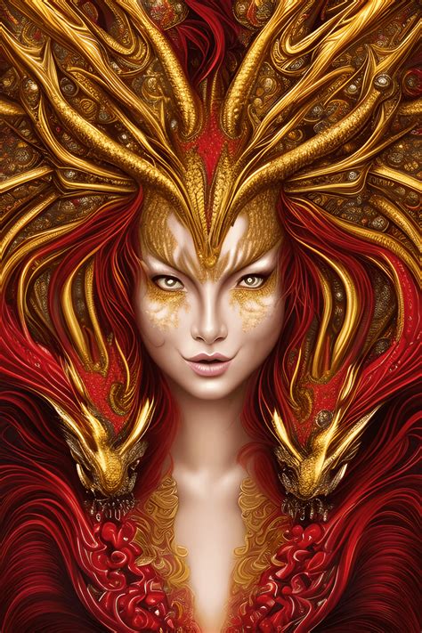 Red And Golden Dragon Goddess Portrait 8k Polished · Creative Fabrica