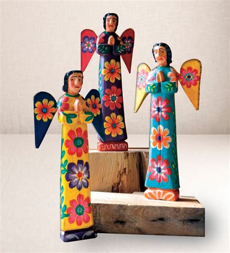 Colorful Painted Wooden Angels Set Of 3 Vivaterra