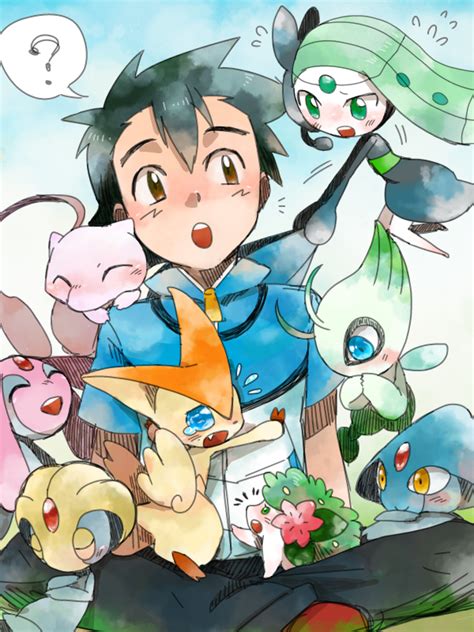 Gekka Kaede Ash Ketchum Azelf Celebi Meloetta Meloetta Aria Mesprit Mew Pokemon