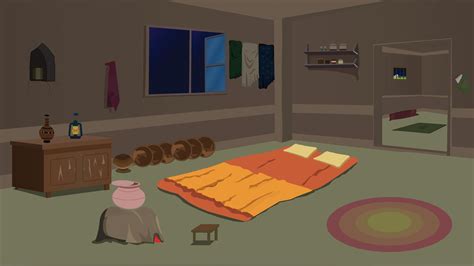 Room Inside Cartoon Background Poor House With Kitchen With Bed Table Window Door Chair