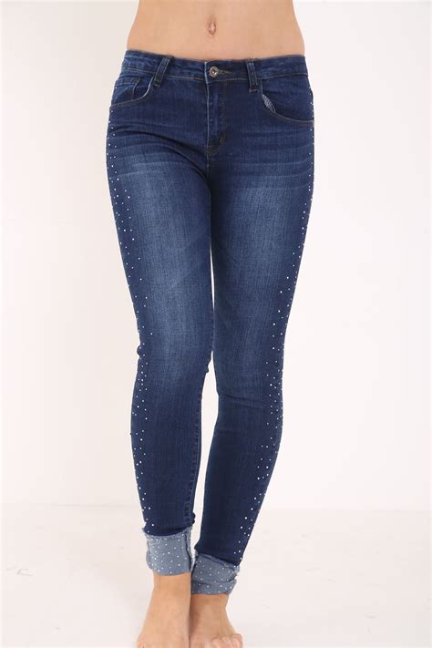 Womens Ladies Embroidered Denim High Waisted Skinny Fit Stretch Jeans Ebay