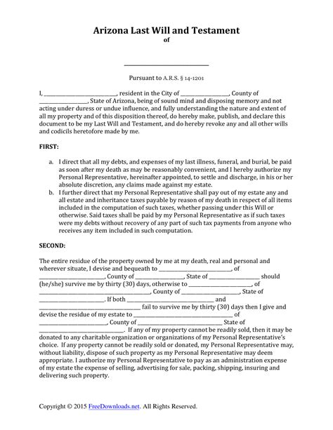 Keep in mind that a last. Download Arizona Last Will and Testament Form | PDF | RTF | Word | FreeDownloads.net