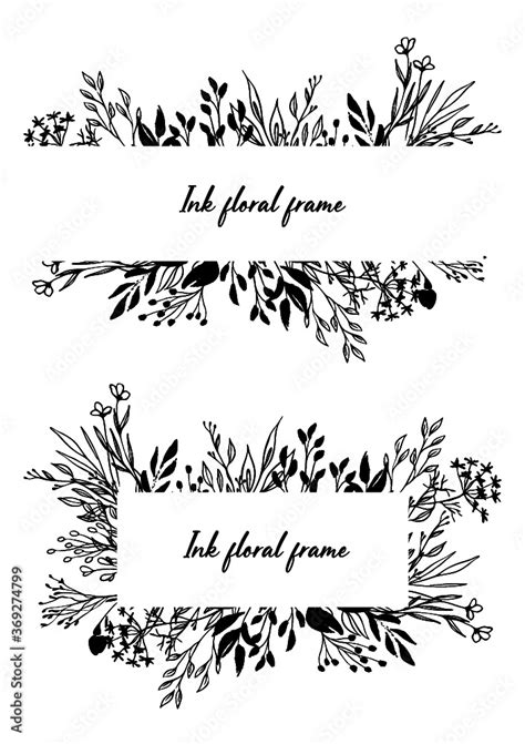 Set Of Hand Drawn Vector Ink Floral Borders And Frames Stock Vector
