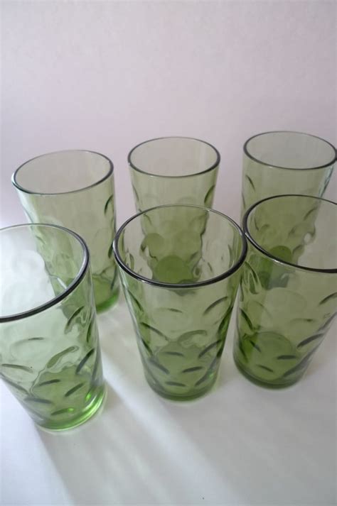 6 Vintage Drinking Glasses Green Dots Mod Design