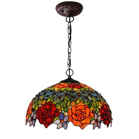 Bieye L10294 18 Inches Rose Tiffany Style Stained Glass Ceiling Pendant Fixture Two Tone