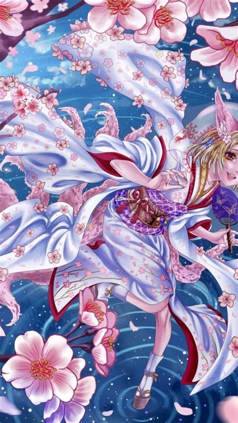 Download 1080x1920 Anime Girl Kimono Animal Ears Cherry Blossom