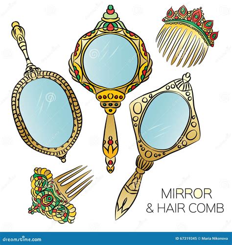 grupo de cinco pentes do espelho e do cabelo de mão do vintage do ouro ilustração do vetor