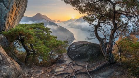 South Korea Mountain With Clouds And Tree Roots During Sunset Hd Nature