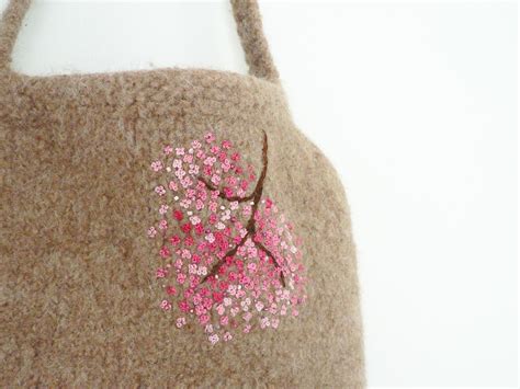 Knit N Pearl Beige Knitted Felted Bag With Cherry Blossoms