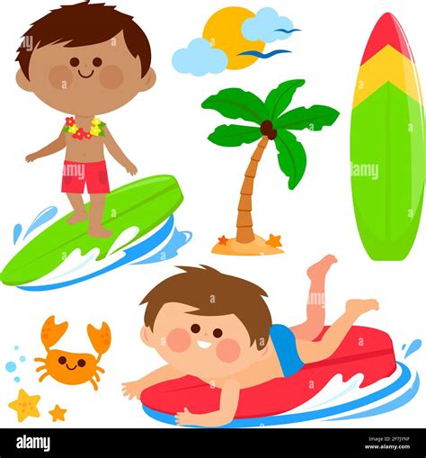 Children At The Beach Surfing In The Sea Vector Illustration