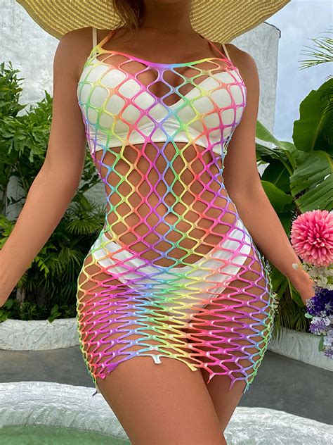 Women S Sexy Rainbow Mesh Hollow Out Bodycon Dress See Through Fishnet