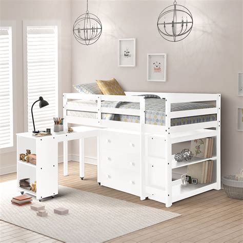 Moda furnishings twin metal bunk bed with desk, ladder and guardrails, loft bed for kids, toddlers, boys and girls bedroom, silver. Harper&Bright Designs 4-Piece Wood Twin Loft Bed with Desk, Chest and Shelf, Multiple Storage ...