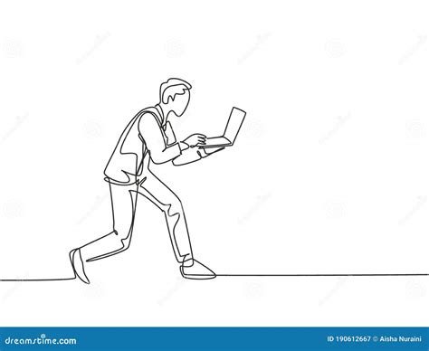 One Continuous Single Line Drawing Of Young Rush Male Worker Typing On Laptop While He Does