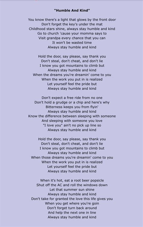 Tim Mcgraw Humble And Kind Country Music Quotes Great Song Lyrics
