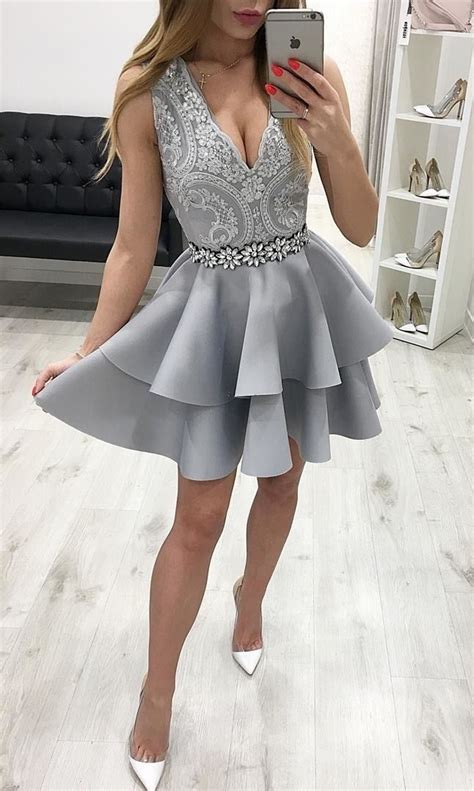 A Line V Neck Short Grey Tiered Homecoming Party Dress With Appliques