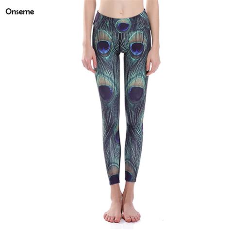 Onseme Peacock Feathers D Printed Leggings Fitness Women Green Casual