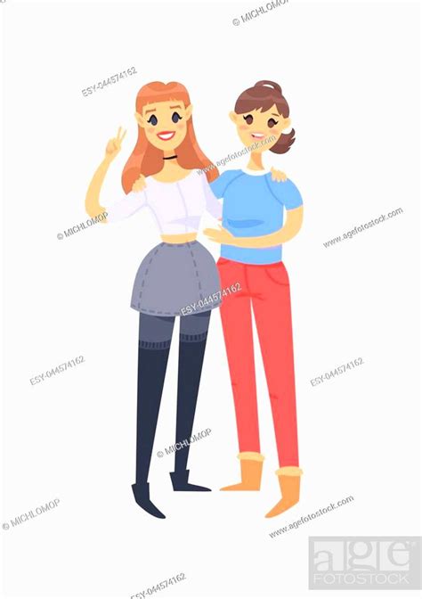 cartoon style caucasian gay people hand drawn vector illustration lesbians couple stock vector