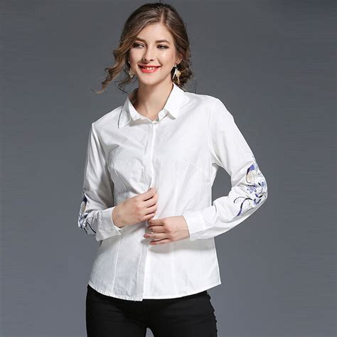 high quality summer white floral embroidered women casual shirts flower pattern long sleeve turn