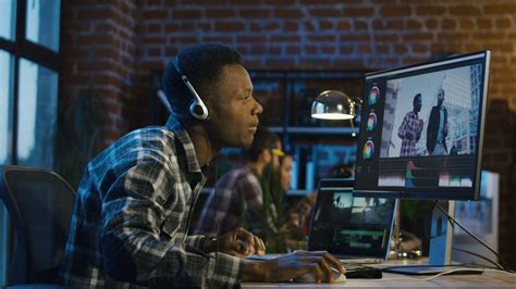Side View Of Black Man In Headphones Working Stock Footage Sbv