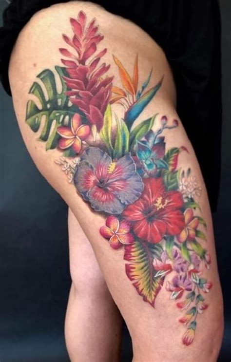 tropical flower tattoos colorful flower tattoo hibiscus tattoo floral thigh tattoos