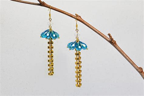 how to make a pair of blue glass bead and golden chain tassel drop earrings