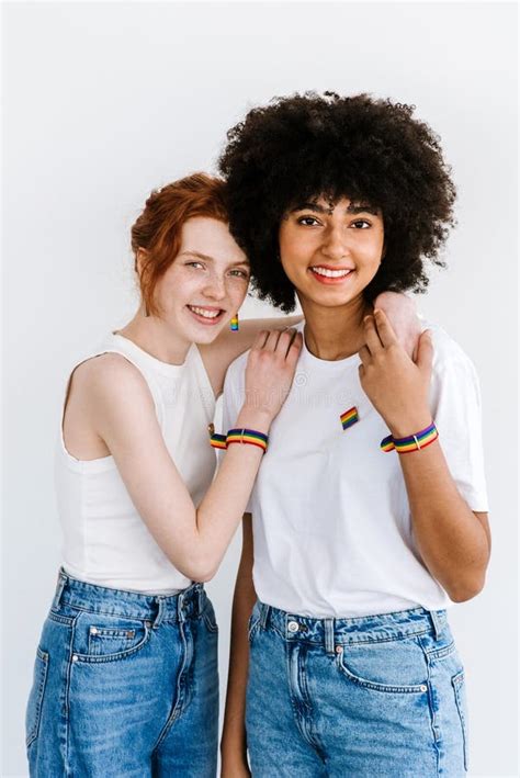 Portrait Happy Lesbian Couple African American Woman And Redhead Woman
