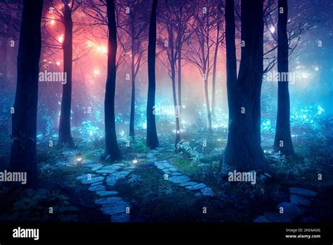 Magical Forest Path With Glowing Fireflies Night Magical Fantasy