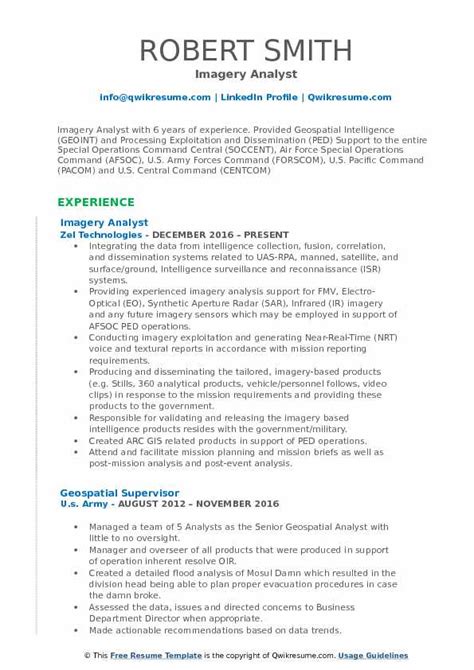 Technocrates is highly reputed organization in dealing with problem solving and department skill/proficiency improvement of educatinal institutes/universities. Imagery Analyst Resume Samples | QwikResume