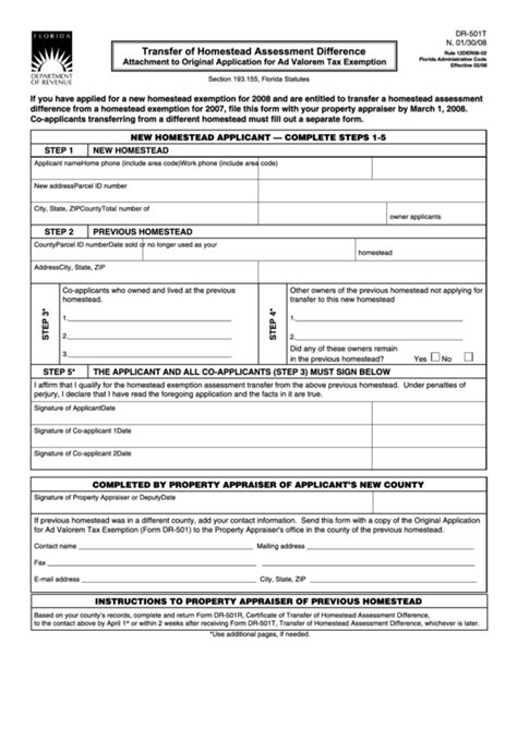 Fillable Dr 501t Transfer Of Homestead Assessment Difference Form