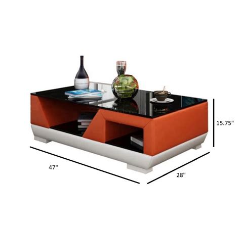 Attractive Orange And White Leather Coffee Table With Black Glass Top