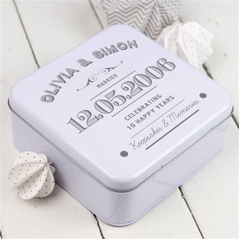 Associated with the diamond gemstone and the traditional 10th anniversary gift items of tin and aluminum, the color silver is one of the 10th anniversary colors. Personalised 10th Anniversary Typographic Tin Box ...