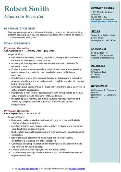 Learn how to create a winning cv and land the best jobs. Physician Recruiter Resume Samples | QwikResume