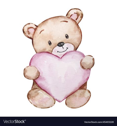 Watercolor Cute Teddy Bear With Heart Valentines Vector Image