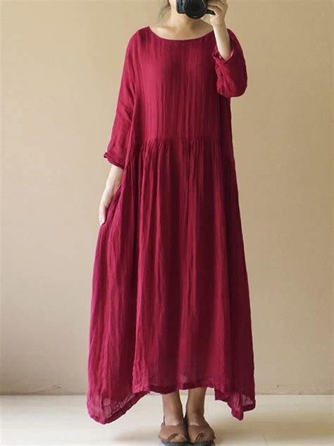 Women Vintage Long Sleeve Cotton Linen Baggy Tunic Maxi Dress