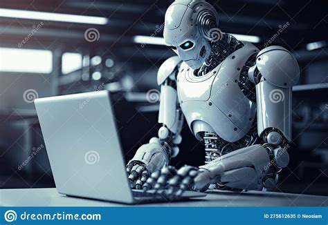 Ai Robot Working With Laptop Generate By Ai Stock Illustration