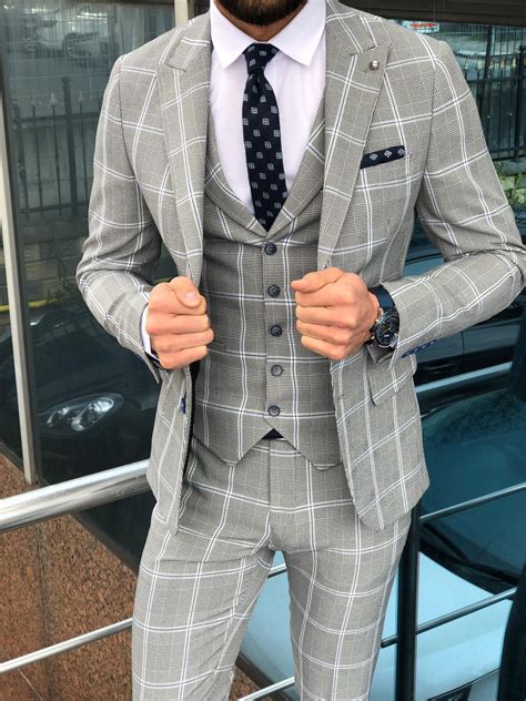 Buy Gray Slim Fit Plaid Suit By With Designer Suits For