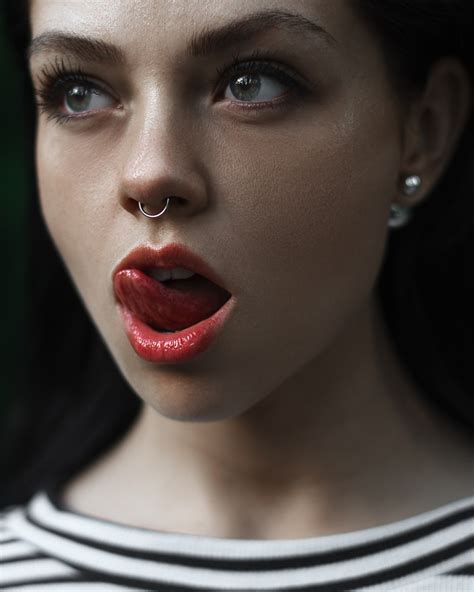 Wallpaper Face Women Model Nose Rings Red Black Hair Fashion Licking Lips Pierced