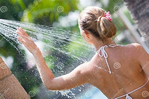 woman in outdoor shower stock image image of fresh green 19650353