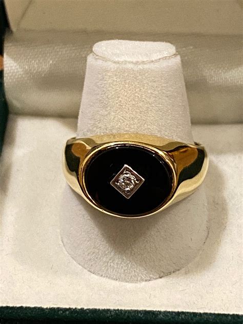Black Onyx And 015ct Diamond Signet Ring In 18k Yellow Gold Etsy