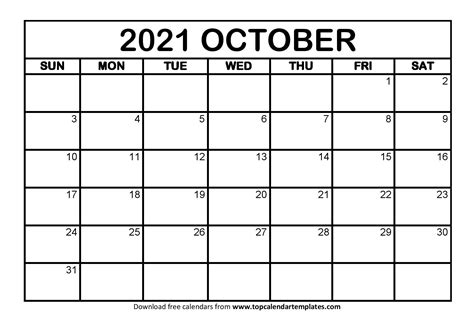 Jump start your new year with this free 2021 printable calendar template! Free October 2021 Calendar Printable (PDF, Word) Templates