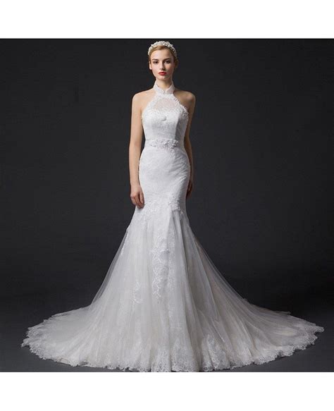 Romantic Mermaid Halter Chapel Train Tulle Wedding Dress With Appliques Lace Ts011 369