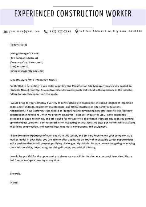 Review a sample letter to send with a job application, plus more examples of letters of application for jobs, and what to include in your letter or email. Construction Cover Letter Example & Writing Tips | Cover ...