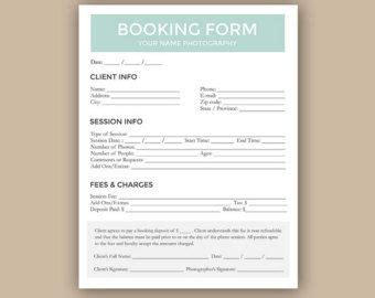 photography forms client booking form  photographer