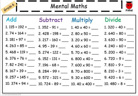Grade 6 Mental Math Worksheets Free Printables
