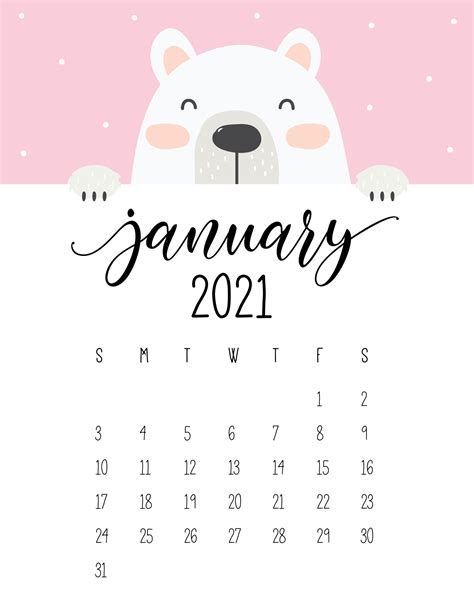 Cute Peeking Bear January 2021 Calendar Printable Calendar Template