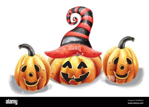 Halloween Pumpkin Happy Faces Vector Watercolor Smilling Pumpkin Witch Hat Decor Stock Vector