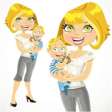 Jolie Maman Blonde Avec Son Fils Dans Les Bras Vecteur Premium