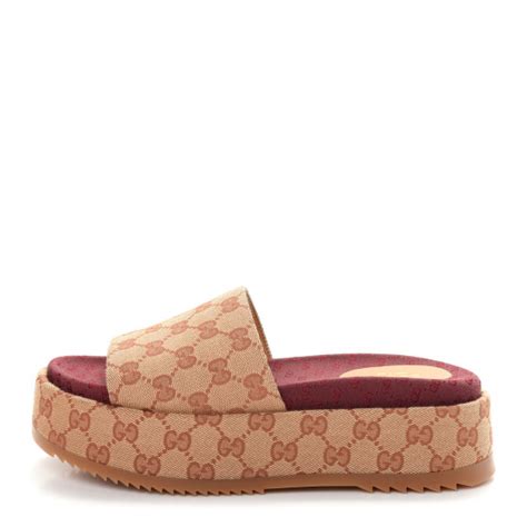 Gucci Gg Monogram Platform Slide Sandals 38 Beige Brick Red 720057