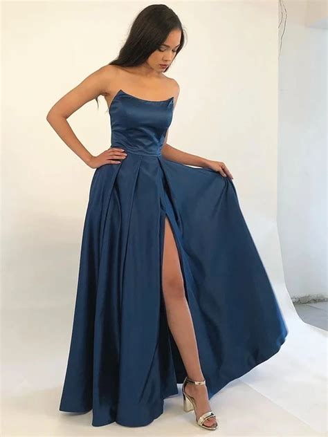 Stylish A Line Strapless Navy Blue Red Long Prom Evening Dress 1510 Simple Prom Dress Long